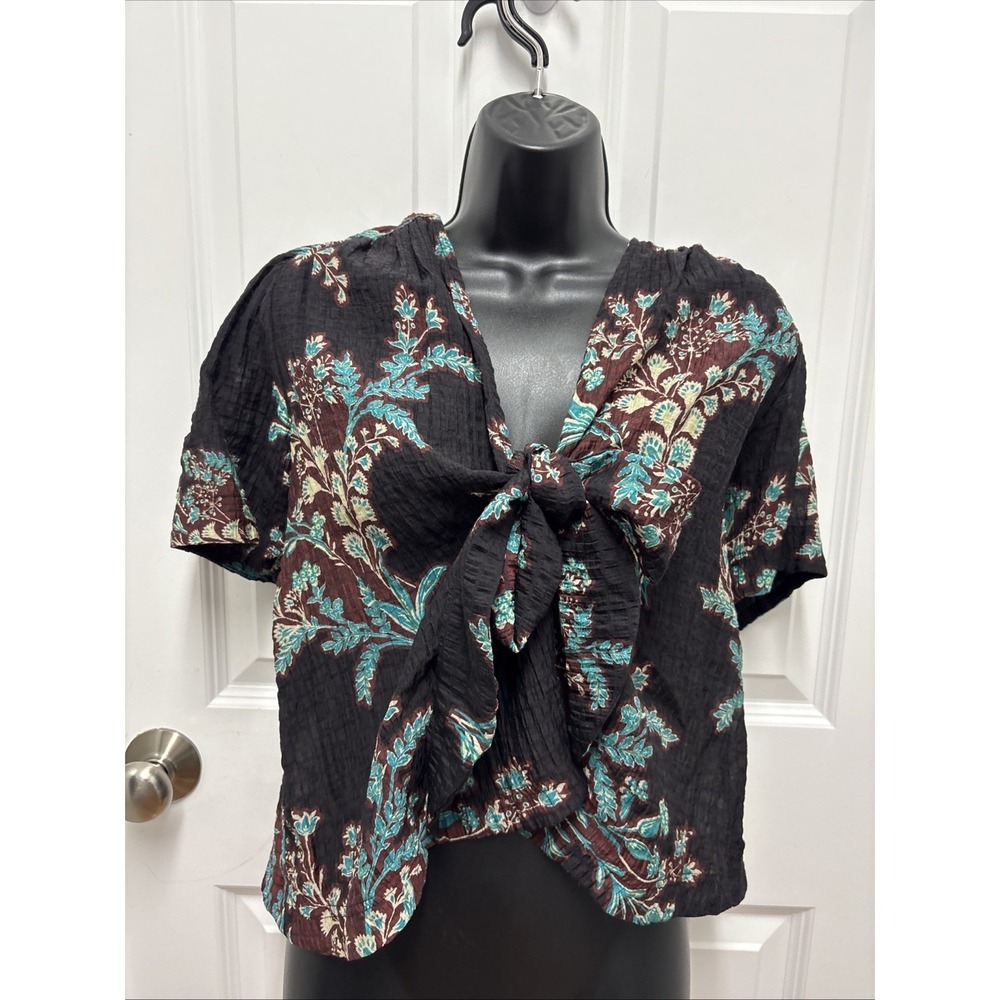 Free People Woman's Flowy Floral Dark Brown Chocolate Floral Button Up - Size L